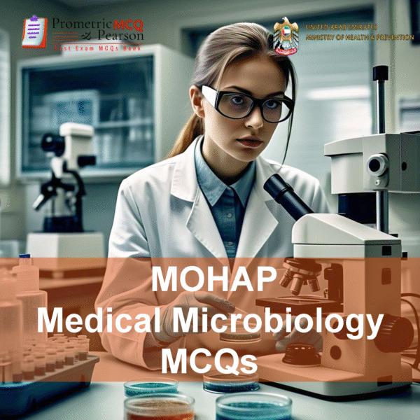 A medical professional in lab advertising MOHAP Medical Microbiology Prometric Licensing Exam MCQs