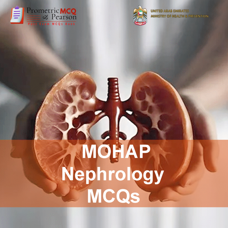 A Nephrologist having a kidney in his hand and advertising MOHAP Nephrology Prometric Licensing Exam MCQs