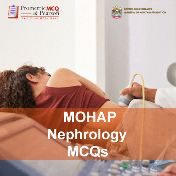 A Nephrologist examining a patient in clinic and advertising MOHAP Nephrology Prometric Licensing Exam MCQs
