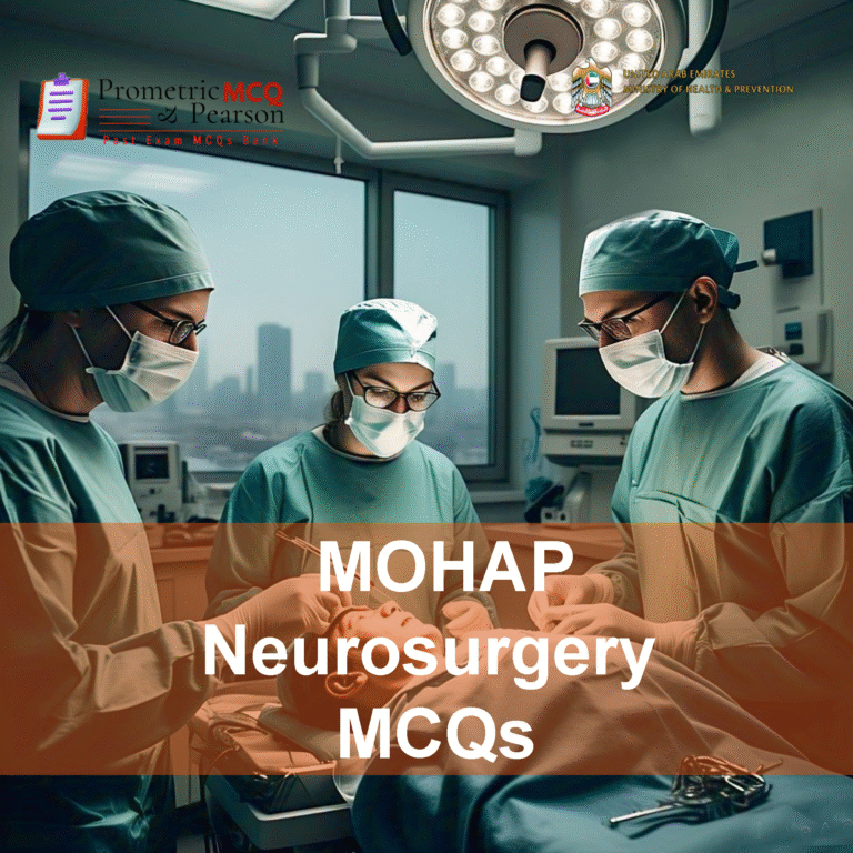 A team of Neurosurgeons examining a patient in clinic and advertising MOHAP Neurosurgery Prometric Licensing Exam MCQs