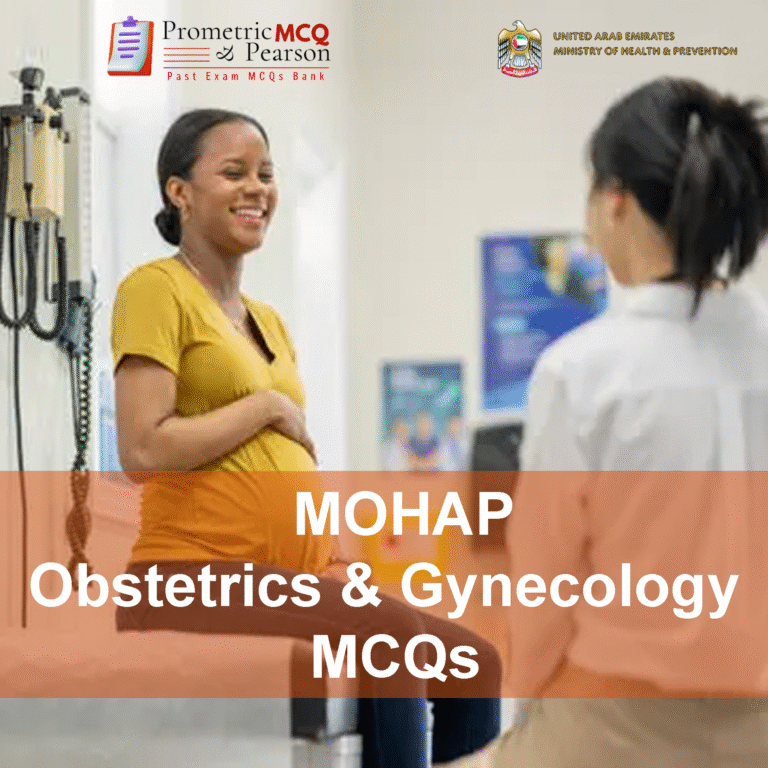 A specialist gynecologist examining a pregnant lady in clinic and advertising MOHAP Obstetrics & Gynecology Prometric Licensing Exam MCQs