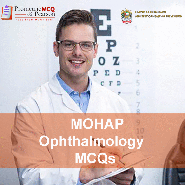 An Ophthalmologist in clinic advertising MOHAP Ophthalmology Prometric Licensing Exam MCQs