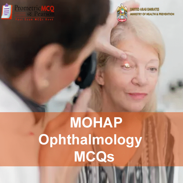 An Ophthalmologist examining an old patient in clinic and advertising MOHAP Ophthalmology Prometric Licensing Exam MCQs