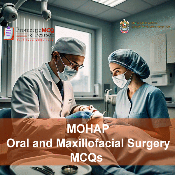 A team of dentists examining a patient in dental clinic and advertising MOHAP Oral and Maxillofacial Surgery Prometric Licensing Exam MCQs