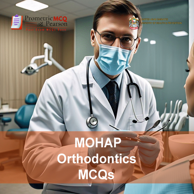 A Specialist Orthodontist dentist examining a patient in clinic and advertising MOHAP Orthodontics Prometric Licensing Exam MCQs