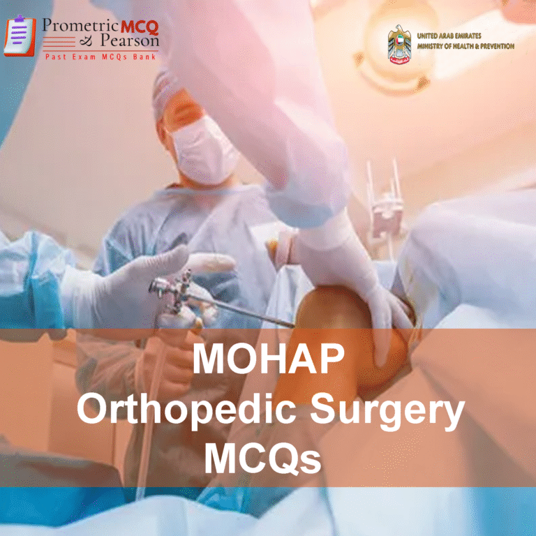An Orthopedic Surgeons Examining a patient in clinic and advertising MOHAP Orthopedic Surgery Prometric Licensing Exam MCQs
