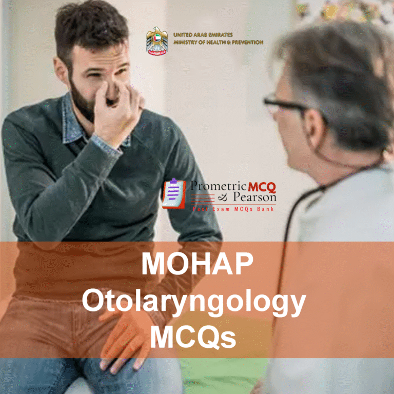 A doctor examining a patient in clinic and advertising MOHAP Otolaryngology (ENT) Prometric Licensing Exam MCQs