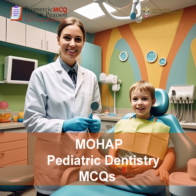 A specialist Pediatric Dentist examining a baby patient in dental clinic and advertising MOHAP Pediatric Dentistry Prometric Licensing Exam MCQs