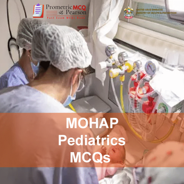 A team of doctors examining a baby patient in clinic and advertising MOHAP Pediatrics Prometric Licensing Exam MCQs