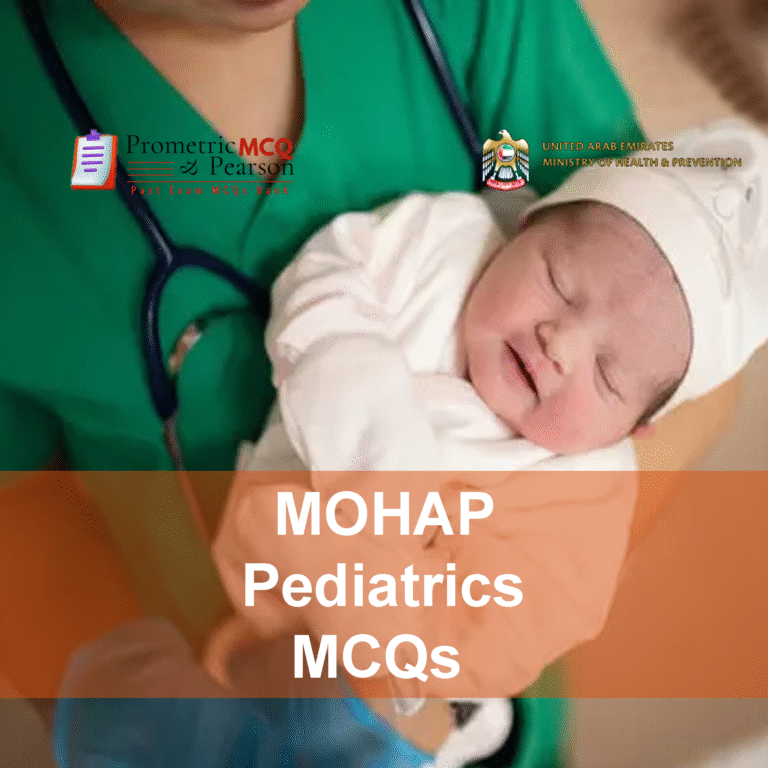A doctors examining a newborn baby in clinic and advertising MOHAP Pediatrics Prometric Licensing Exam MCQs