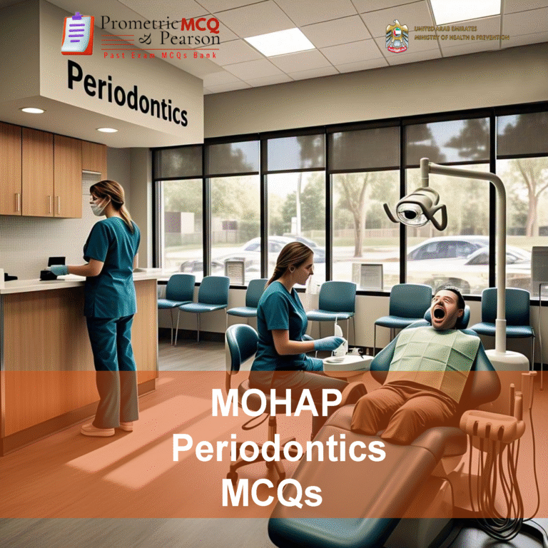 A team of specialist dentists examining a patient in dental clinic and advertising MOHAP Periodontics Prometric Licensing Exam MCQs