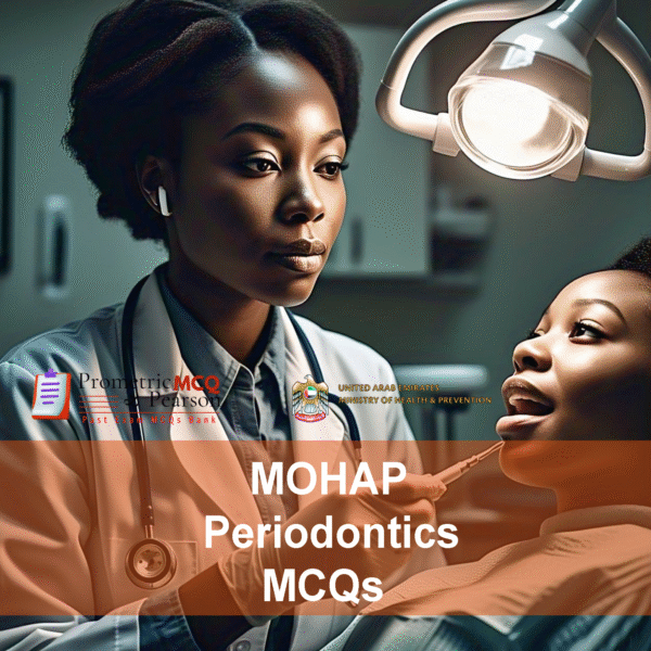 A specialist dentist examining a patient in dental clinic and advertising MOHAP Periodontics Prometric Licensing Exam MCQs