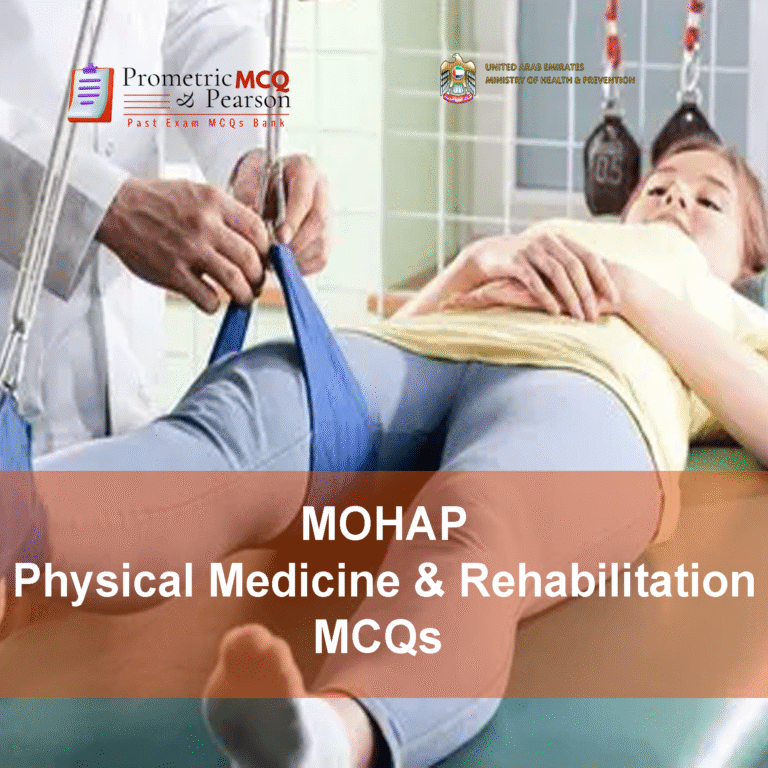 A doctor examining a patient in clinic and advertising MOHAP Physical Medicine & Rehabilitation Prometric Licensing Exam MCQs