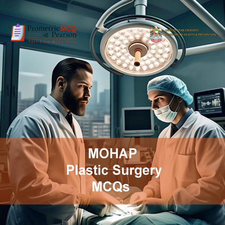 A team of plastic surgeons examining a patient in clinic and advertising MOHAP Plastic Surgery Prometric Licensing Exam MCQs