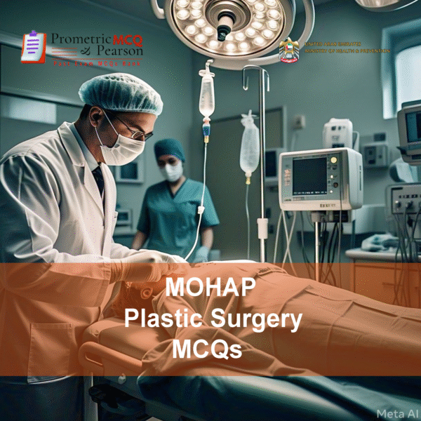 A plastic surgeon examining a patient in clinic and advertising MOHAP Plastic Surgery Prometric Licensing Exam MCQs