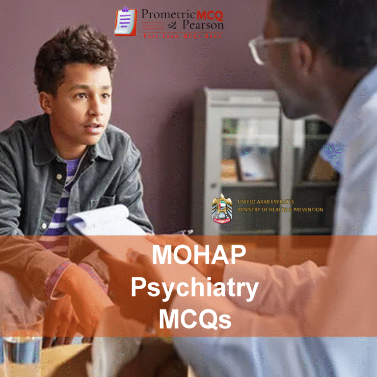 A Psychiatrist examining a patient in clinic and advertising MOHAP Psychiatry Prometric Licensing Exam MCQs