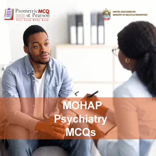 A Psychiatrist examining a patient in clinic and advertising MOHAP Psychiatry Prometric Licensing Exam MCQs