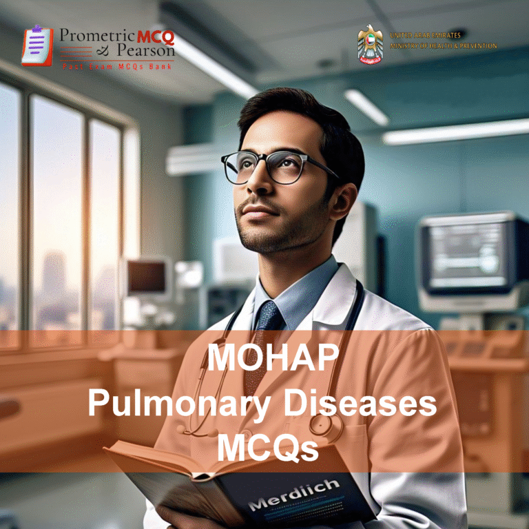 A doctor in clinic advertising MOHAP Pulmonary Diseases Prometric Licensing Exam MCQs