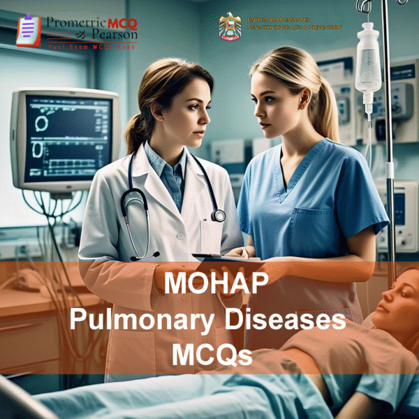 A doctor with a nurse examining a patient in clinic and advertising MOHAP Pulmonary Diseases Prometric Licensing Exam MCQs