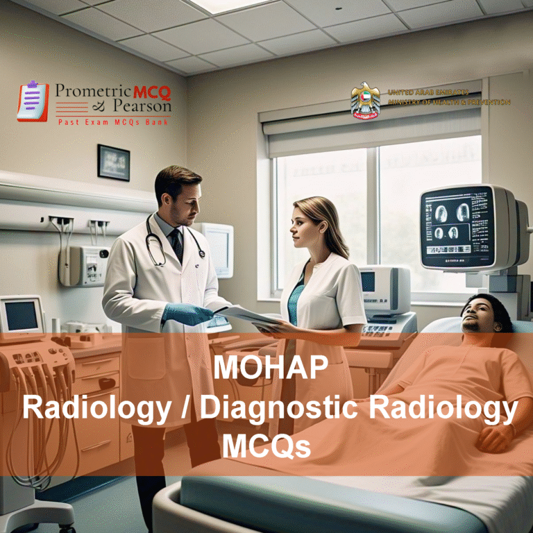 A specialist radiologist with a nurse examining a patient in clinic and advertising MOHAP Diagnostic Radiology Prometric Licensing Exam MCQs