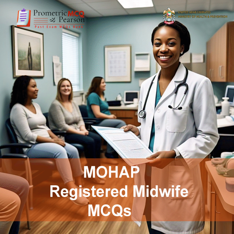 A Registered Midwife with 3 patients in clinic advertising MOHAP Registered Midwifery Prometric Licensing Exam MCQs
