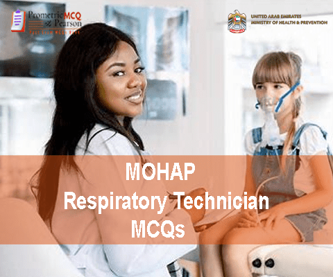 A Respiratory Technician examining a patient in clinic and advertising MOHAP Respiratory Technician Prometric Licensing Exam MCQs