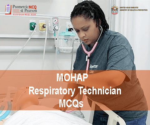 A Respiratory Technician examining a patient in clinic and advertising MOHAP Respiratory Technician Prometric Licensing Exam MCQs