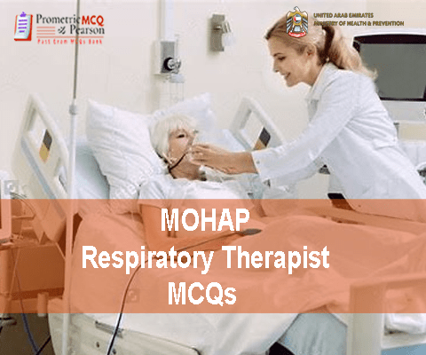 A Respiratory Therapist examining a patient in clinic and advertising MOHAP Respiratory Therapist Prometric Licensing Exam MCQs