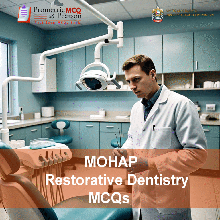 A specialist Restorative Dentist Examining a patient in clinic and advertising MOHAP Restorative Dentistry Prometric Licensing Exam MCQs