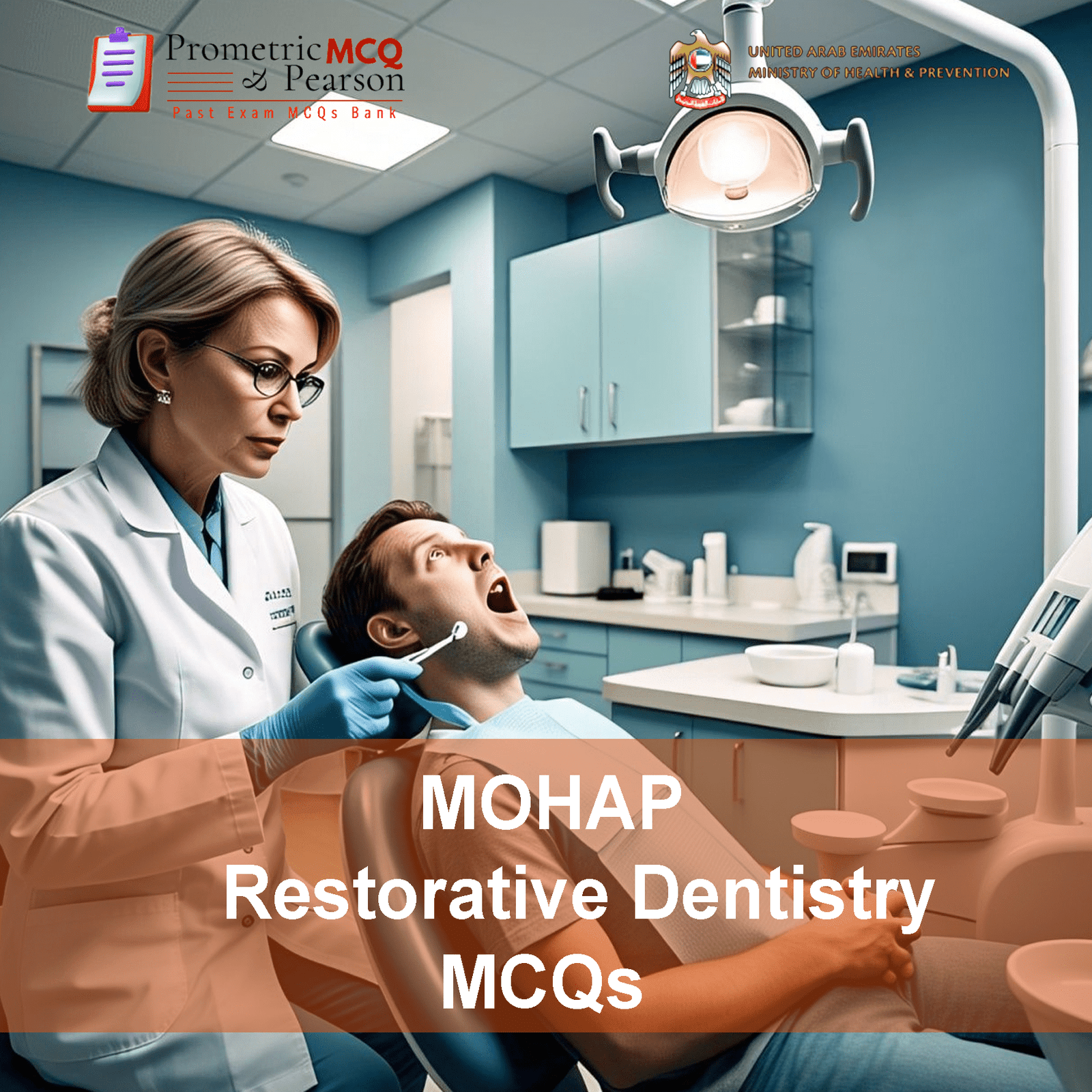 A specialist Restorative Dentist Examining a patient in clinic and advertising MOHAP Restorative Dentistry Prometric Licensing Exam MCQs