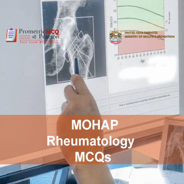 A Rheumatologist Examining a patient's X-RAYs in clinic and advertising MOHAP Rheumatology Prometric Licensing Exam MCQs