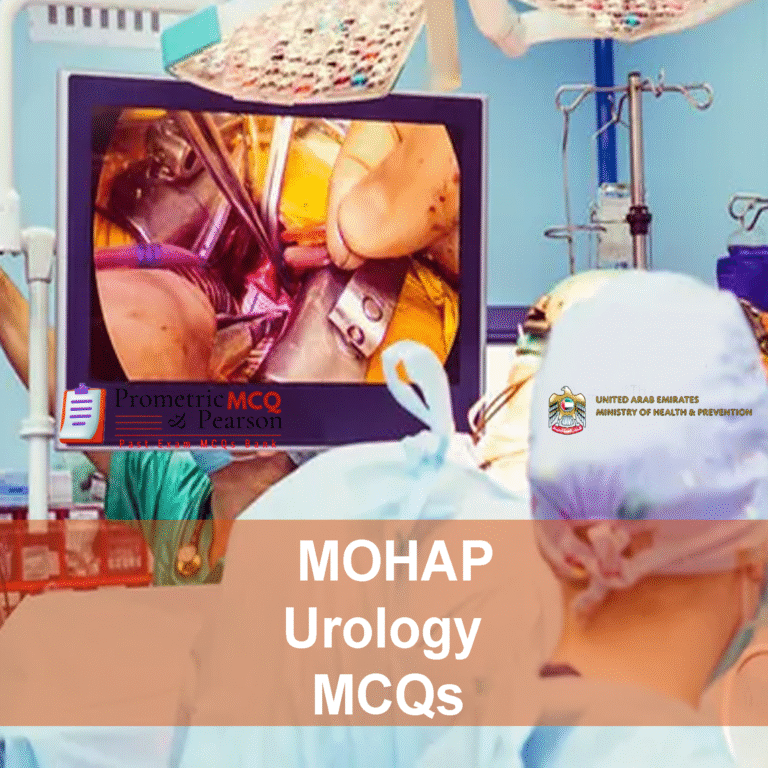 A urologist examining a patient in clinic and advertising MOHAP Urology Prometric Licensing Exam MCQs