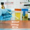 A urologist examining a patient's urine in clinic and advertising MOHAP Urology Prometric Licensing Exam MCQs
