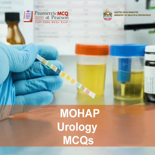 A urologist examining a patient's urine in clinic and advertising MOHAP Urology Prometric Licensing Exam MCQs