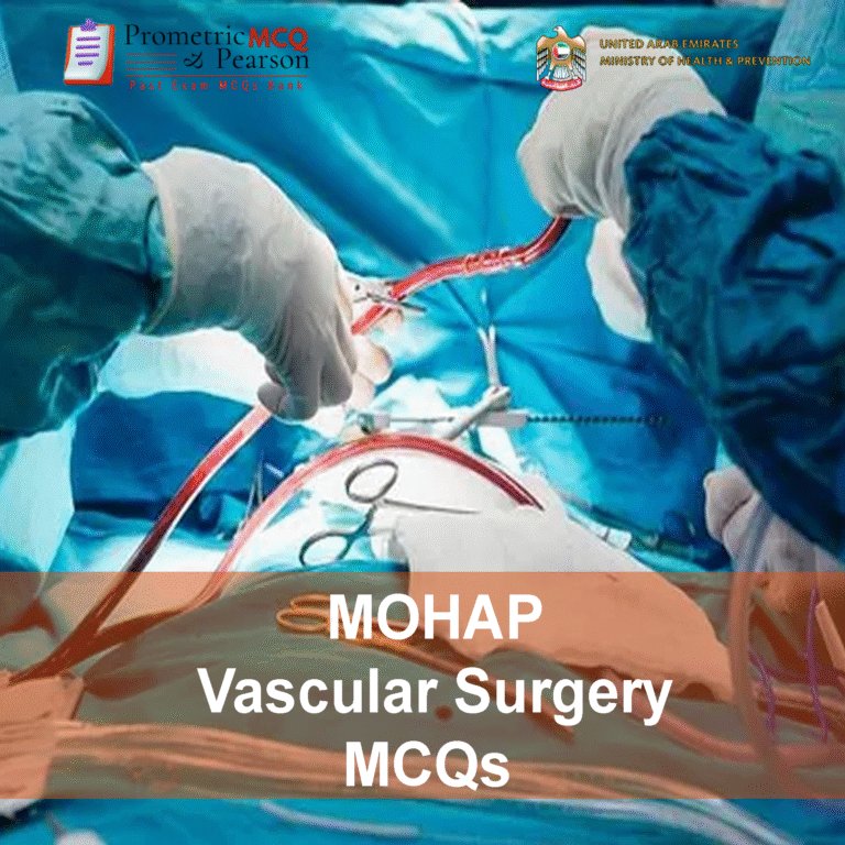 A Vascular Surgeon examining a patient and advertising MOHAP Vascular Surgery Prometric Licensing Exam MCQs