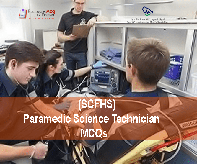 A team of Paramedic technician examining a patient and advertising SCFHS Paramedic Science Technician basic MCQs