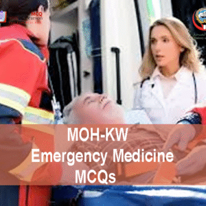 An Emergency Medicine Specialist Doctor Examining a patient with a medical staff and advertising MOH-KW Emergency Medicine Prometric Licensing Exam MCQs