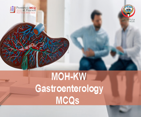 A Gastroenterologist examining a patient in clinic and advertising MOH-KW Gastroenterology Prometric Licensing Exam MCQs