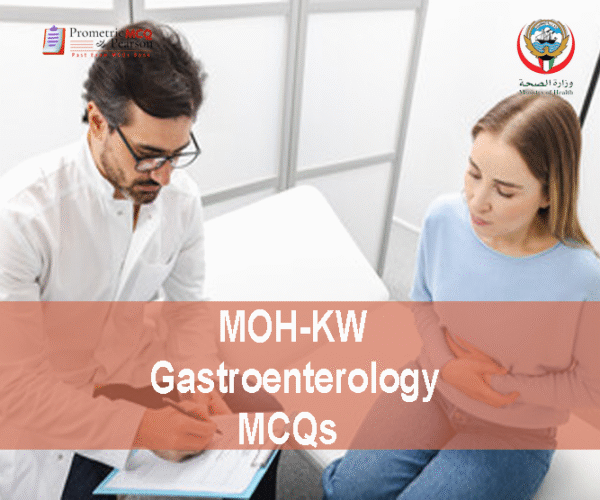 A Gastroenterologist examining a patient in clinic and advertising MOH-KW Gastroenterology Prometric Licensing Exam MCQs