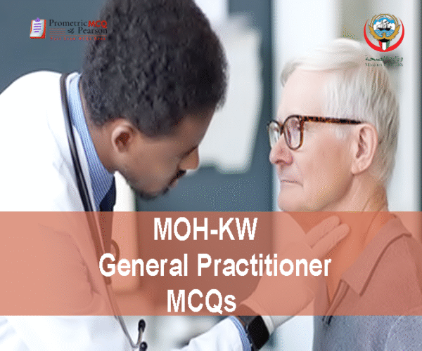 A General Practitioner Doctor examining an old patient in clinic and advertising MOH-KW General Practitioner Prometric Licensing Exam MCQs