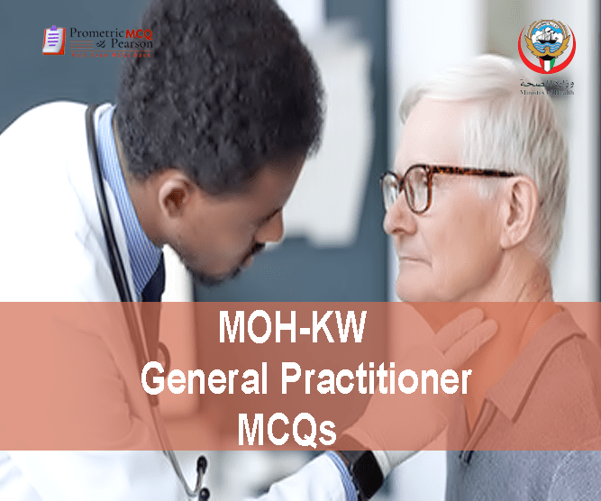 A General Practitioner Doctor examining an old patient in clinic and advertising MOH-KW General Practitioner Prometric Licensing Exam MCQs