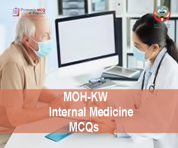 An Internal Medicine specialist doctor in clinic examining a patient and advertising MOH-KW Internal Medicine Prometric Licensing Exam MCQs