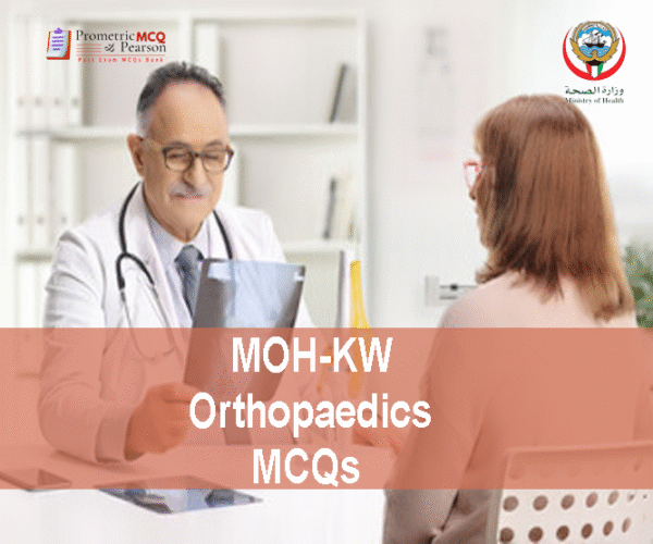An Orthopedic specialist examining a patient's x-ray in clinic and advertising MOH-KW Orthopaedics Prometric licensing Exam MCQs