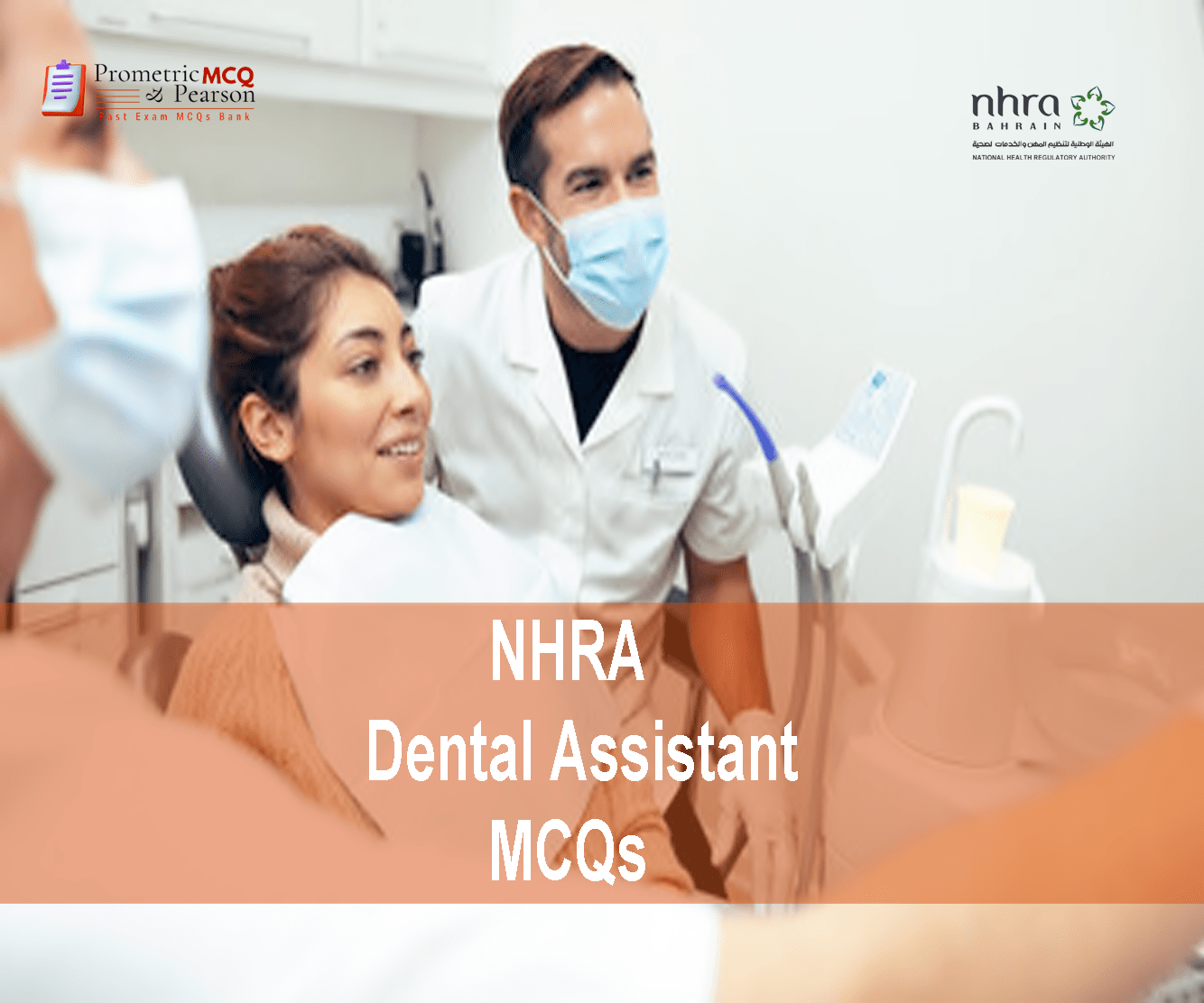 A dentist examining a patient in dental clinic and advertising NHRA Dental Assistant MCQs