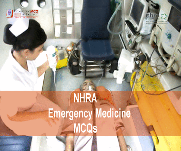 a nurse examining an old patient in clinic and advertising NHRA Emergency Medicine MCQs