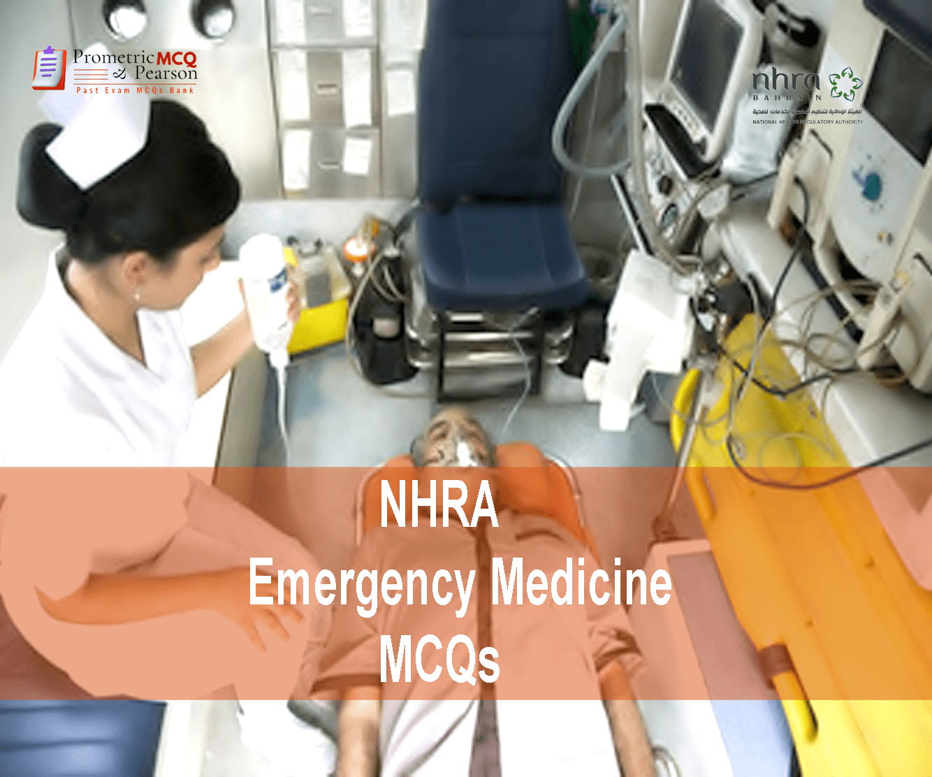 a nurse examining an old patient in clinic and advertising NHRA Emergency Medicine MCQs