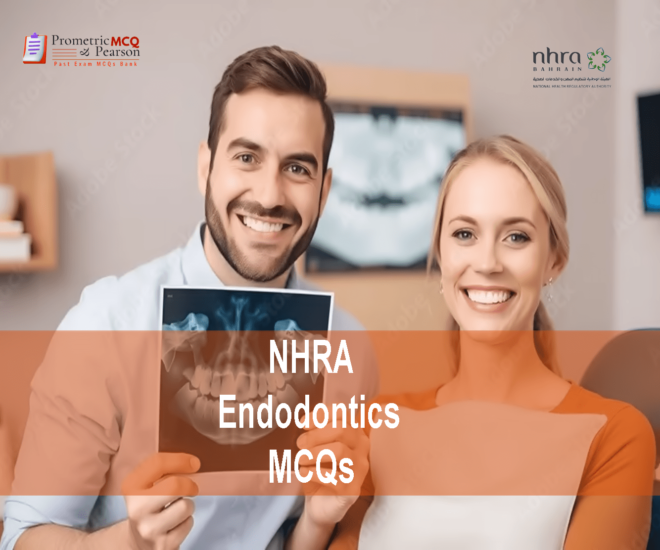 A dentist examining x-ray of a patients teeth and advertising NHRA Endodontics MCQs