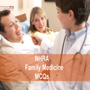 A doctor examining a patient in clinic and advertising NHRA Family Medicine MCQs