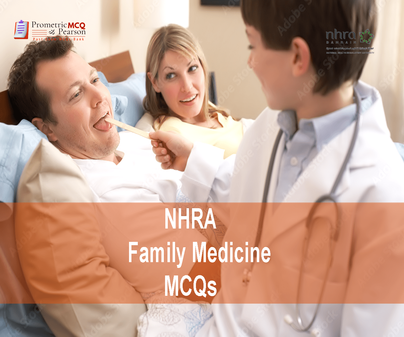 A doctor examining a patient in clinic and advertising NHRA Family Medicine MCQs