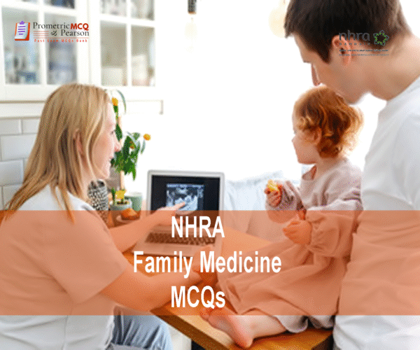 A doctor examining a patient in clinic and advertising NHRA Family Medicine MCQs